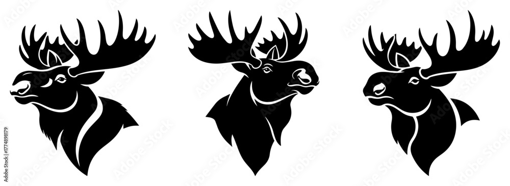 Obraz premium Moose head silhouettes with large antlers trio – bold woodland wildlife emblem