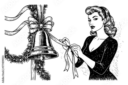 Retro pin‑up woman decorating Christmas bell with pine branch and ribbon – elegant black & white engraving