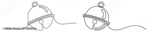 Horizontal border of ringing jingle bells on flowing ribbon – minimalist line‑art Christmas ornament
