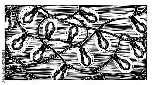 Retro incandescent Christmas string lights tangled – vintage woodcut holiday decoration