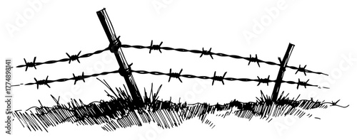 Rustic barbed‑wire fence posts in snowy field – hand‑drawn engraving countryside scene