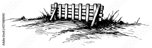 Wooden snow fence partially buried in drift – detailed winter engraving barrier illustration