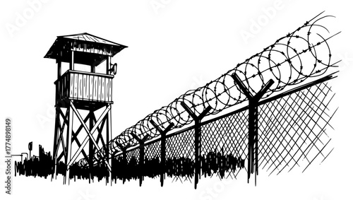 Watchtower and razor‑wire security fence – stark black & white engraving military perimeter