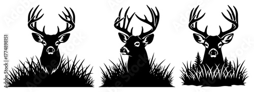 Silhouette deer heads emerging from meadow grass – minimalist wildlife emblem set