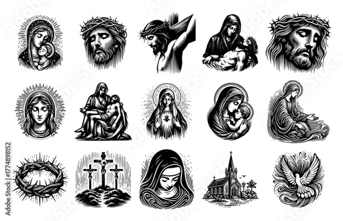 Collection of Christian sacred icons – Jesus, Mary, crucifix and church engraved emblem set