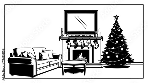 Cozy living room with Christmas tree, stockings and lit fireplace – clean line‑art holiday interior