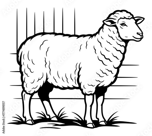 Standing sheep in pen – detailed farm livestock engraving illustration