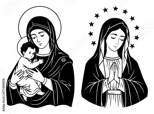 Virgin Mary with infant Jesus & praying Madonna – graceful line‑art sacred illustration