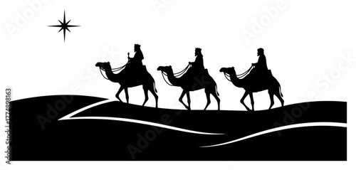Three wise men riding camels following star – minimalist Nativity journey silhouette