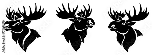 Moose head silhouettes with large antlers trio – bold woodland wildlife emblem