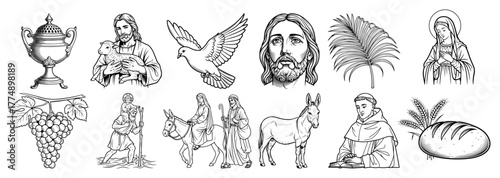 Vintage Christian symbol collection – chalice, dove, lamb, bread, cross and more engraved icons