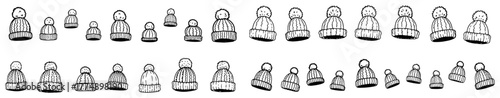 Horizontal border of cozy knitted winter beanies – minimalist line‑icon hat collection for seasonal design