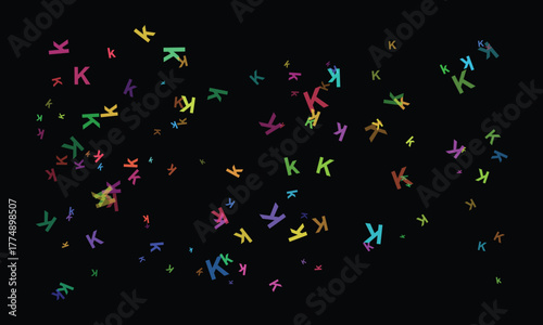 Vibrant letter k confetti against a black backdrop creates a dynamic and eyecatching design, ideal for modern projects and festive occasions