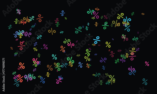 A vibrant percentage sign explosion on a black backdrop, representing discounts, sales, and promotions with colorful, scattered symbols and dynamic movement