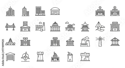 City Architecture Line Icons – Urban Buildings, Landmarks, and Infrastructure Vector Set