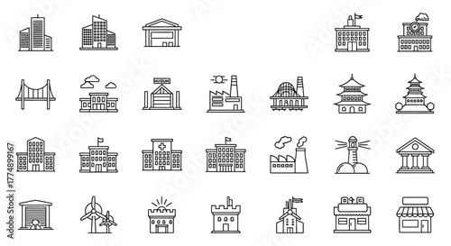 Urban Building Line Icons – City Architecture, Landmarks, and Infrastructure Vector Pack