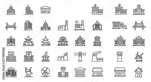 Cityscape Line Icons – Urban Infrastructure, Public Buildings, and Architecture Outline Design
