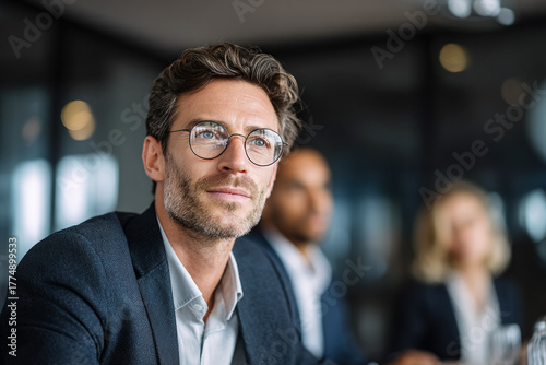 Business meeting photo. Smart, confident man looks up in navy blazer. For corporate presentations, website banners, and team member profile shots.