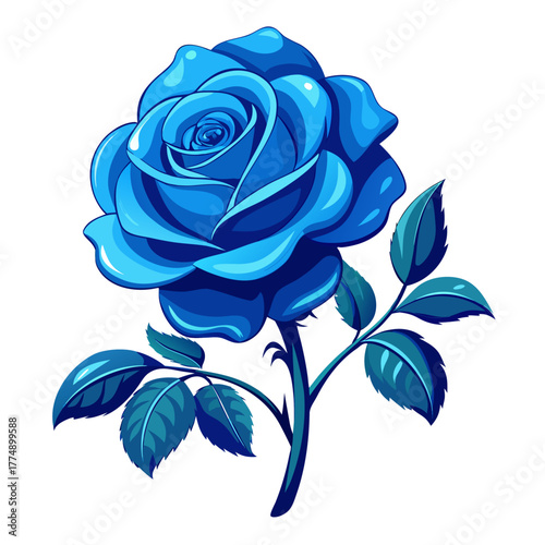 Vibrant blue rose vector illustration graphic art single flower with detailed petals stem and stylized foliage natural element design