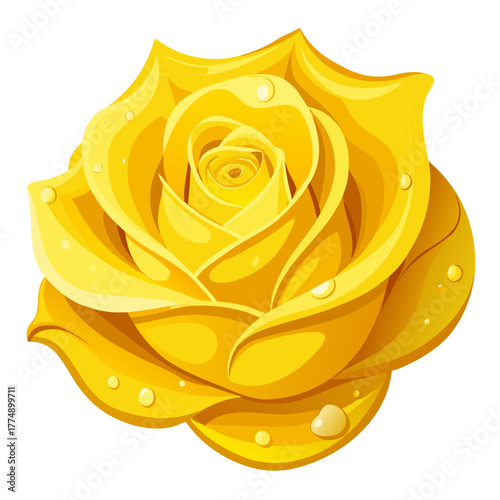 Vector illustration of a bright golden yellow blooming rose flower head with fresh dew drops on the glossy petals.