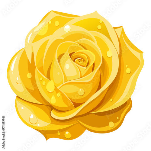 Yellow rose flower bloom vector illustration detailed graphic close up view with glistening water droplets on the shiny gold petals perfect for springtime.