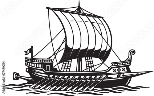 Ancient Trireme Warship with Sails and Oars