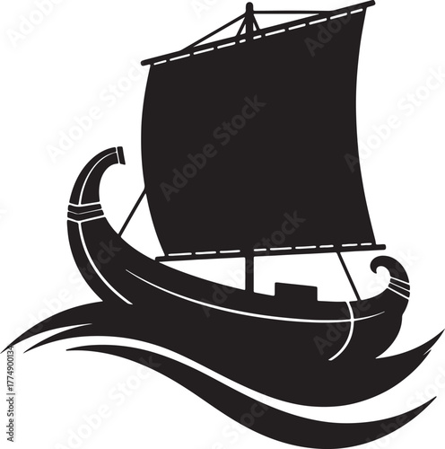 Silhouette of a Viking Ship Sailing on Waves