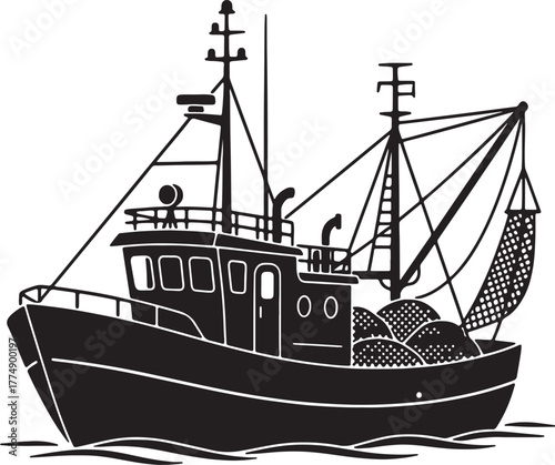 Black and White Illustration of a Fishing Trawler