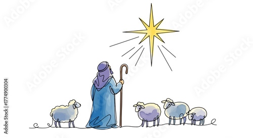 Star of Bethlehem: Shepherd Looking Up at Stylized Star. Minimalist One-Line Watercolor Vector Christmas Design