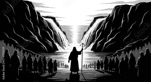 Illustration of a man with a staff parting the sea with a crowd of people in black and white style created with generated ai