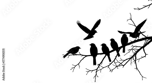 Silhouette of birds perched on branches and flying against a white background in a minimalist style created with generated ai