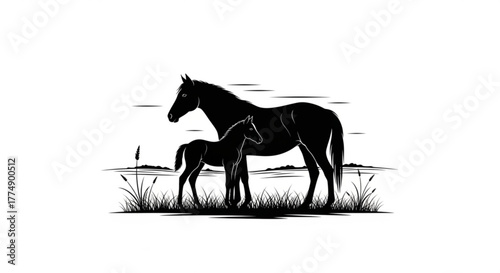 Silhouette of a mare and foal standing in a field with grass and a horizon line in the background created with generated ai