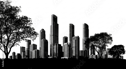 Monochrome cityscape featuring tall buildings and trees against a white background in a silhouette style created with generated ai