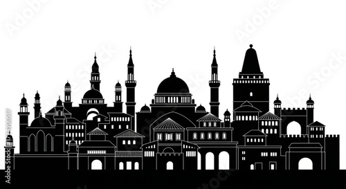 Silhouette of a cityscape with domes and towers against a white background showing architecture created with generated ai