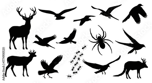 Silhouette illustration featuring deer eagles ants spider and various birds in a monochrome design style created with generated ai