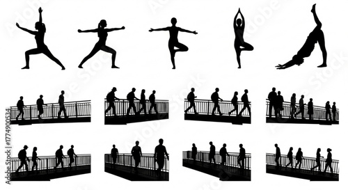Silhouettes of people in yoga poses and walking on a bridge in various arrangements and compositions created with generated ai