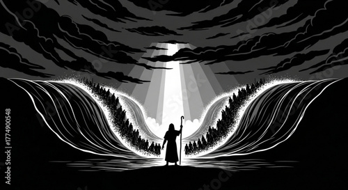 Silhouette of a figure holding a staff standing before parted waters with people and clouds above created with generated ai