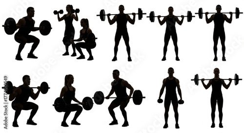 Silhouettes of people doing squats and weightlifting exercises with barbells and dumbbells in a gym setting created with generated ai