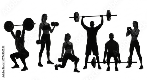 Silhouette of people exercising with weights and barbells in various fitness poses on a white background created with generated ai