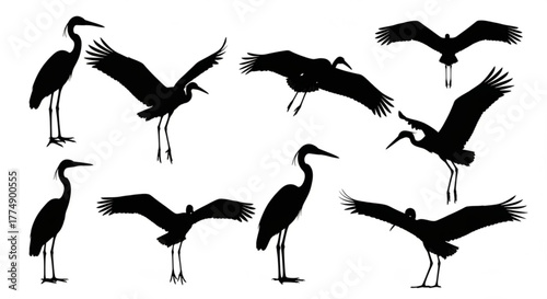 Silhouette illustration of various heron poses including standing and flight with wings spread wide created with generated ai