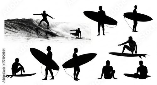 Silhouettes of surfers in various poses with surfboards on a white background in black and white created with generated ai