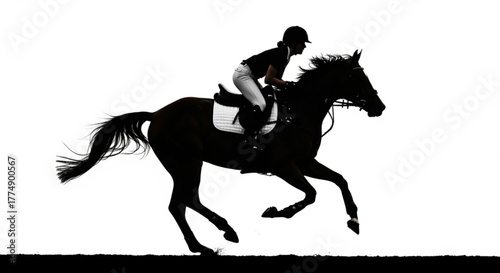 Silhouette of horse and rider galloping at full speed across a white background in an equestrian scene created with generated ai