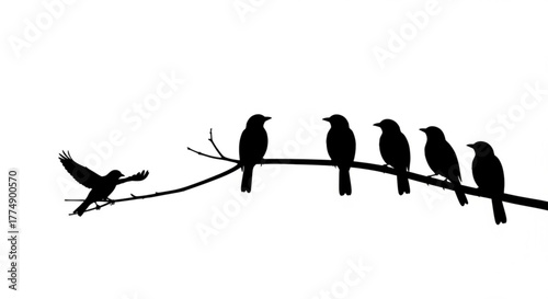 Silhouette of birds perched on a branch with one bird flying towards the group, all against a white background created with generated ai
