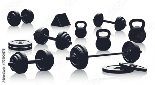 Black weights kettlebells and a pyramid shape arranged on a white surface with reflections shown created with generated ai