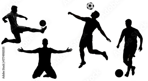 Silhouetted soccer players in action kicking heading and playing the ball on a white background in a game created with generated ai
