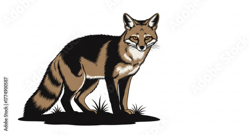 Illustration of a fox standing on a patch of grass looking forward with a white background behind it created with generated ai