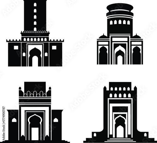 Black and white vector illustration of four different oriental monuments silhouette architecture