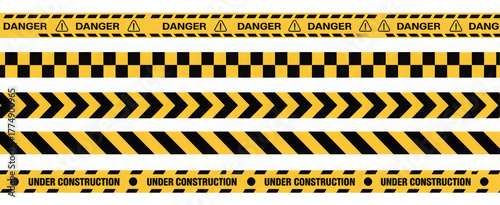 Set of danger and construction tapes yellow and black warning stripes vector illustration for attention and safety concepts
