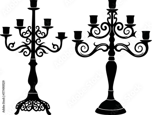 Elegant Candelabra Set in Black Silhouette Ornate Design Isolated on White Background