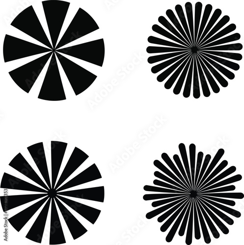Four abstract black and white radiating shapes for graphic design and visual appeal